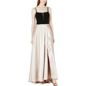 Blondie Nites Beige Satin Mixed Media Forma Prom Maxi Dress Slitted Evening Gown